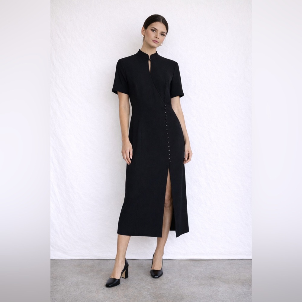 Vintage Liz Claiborne Black Mock Neck Midi Dress 12 Korea 90s Minimalist